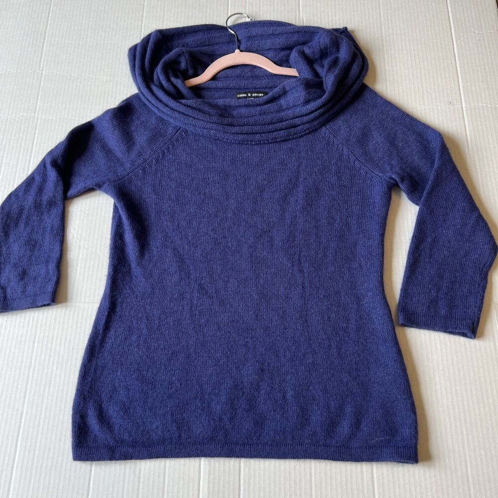 Cable & Gauge Size S-M 24% Angora Ribbed Cowl Turtleneck Sweater Blue